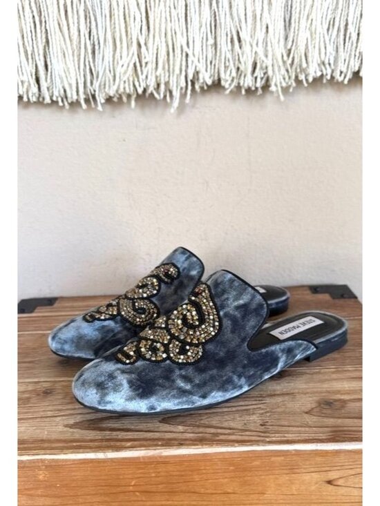 Steve Madden Shoes - Steve Madden Hyde Blue Velvet Beaded Snake Slip on Flat Loafer Mules Size 8.5